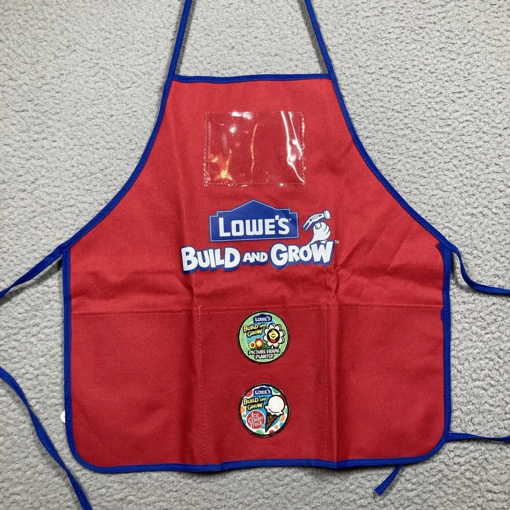 Lowe's Build and Grow Kid's Red Smock Project Apron w/ Patches Costume Cosplay
